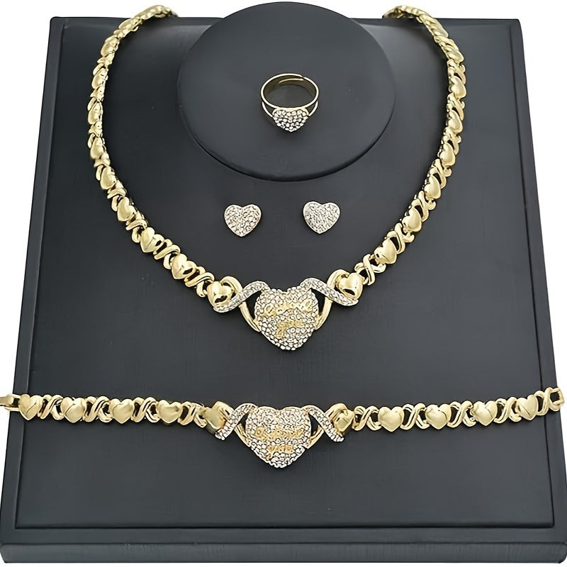 4pcs Dubai Style Jewelry Set, Golden Plated Necklace, Ring, Bracelet, and Earrings, Luxurious Ethnic Design for Weddings, Parties, and Formal Events, Perfect Gift Set for Mother'S Day, Classic African Jewelry